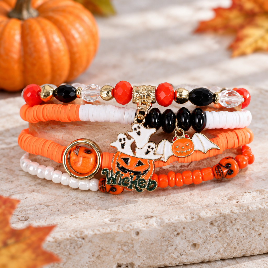 Close-up of a different Halloween bracelet bead and pendant style on stone