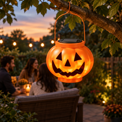 Ghost face solar lantern hanging in a patio garden at dusk with people nearby