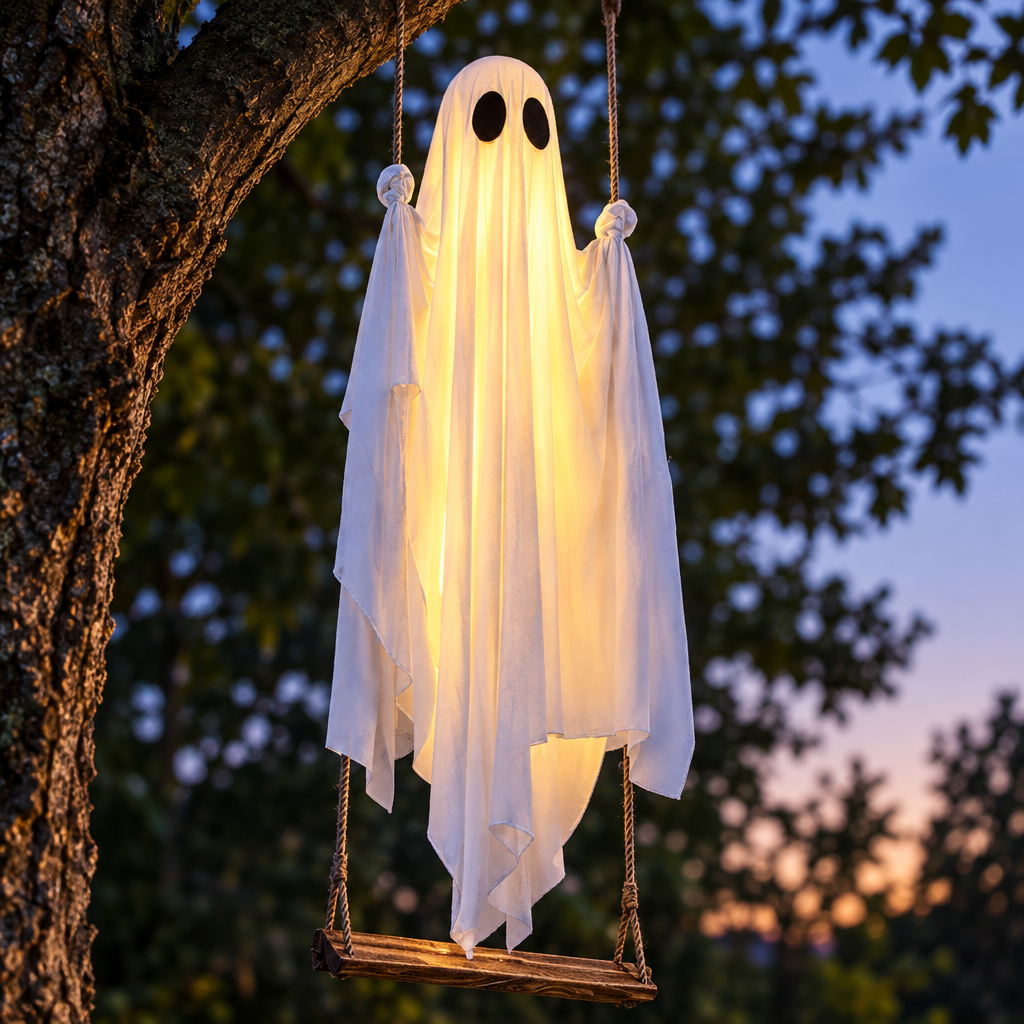 Glowing swing ghost ornament hanging from a tree at twilight