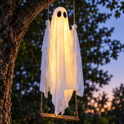 Glowing swing ghost ornament hanging from a tree at twilight