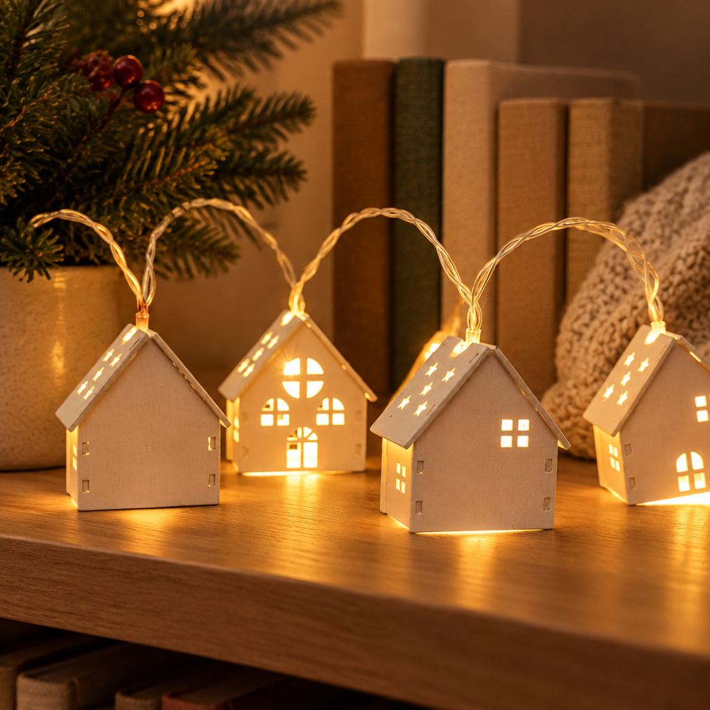 Cozy Small House design of the USB Christmas string lights glowing in a reading nook.