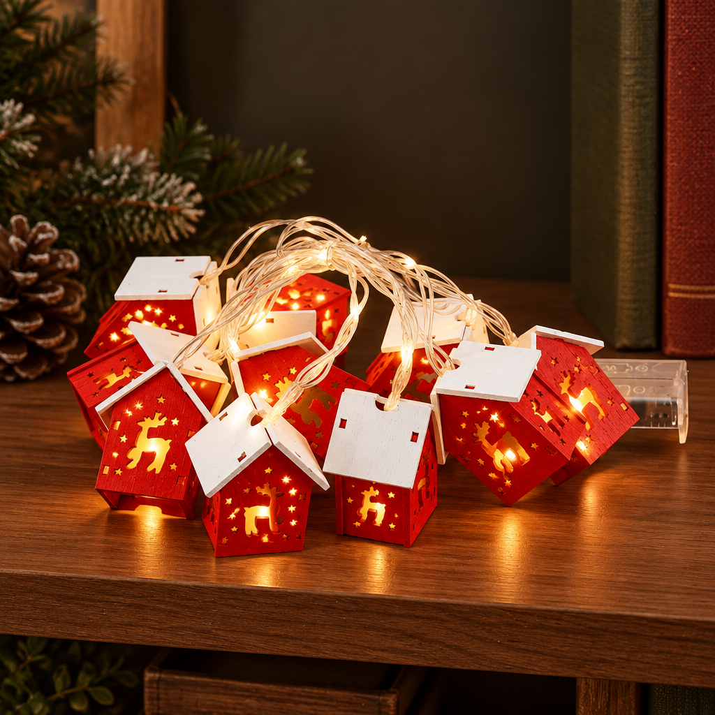 Reindeer Small House design of the USB Christmas string lights staged on a cozy holiday bookshelf.