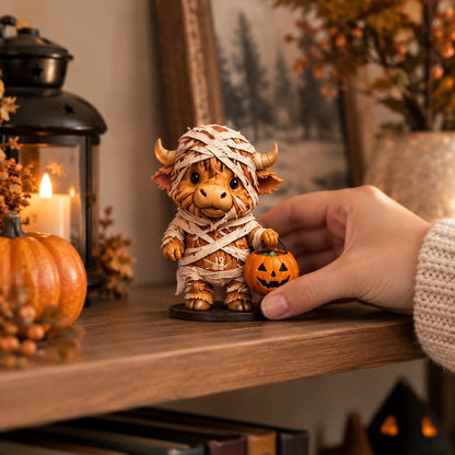 A mummy-wrapped Highland cow figurine holding a small jack-o'-lantern sits on a wooden shelf beside a lit candle, lantern, and dried flowers, with a human hand reaching toward it.