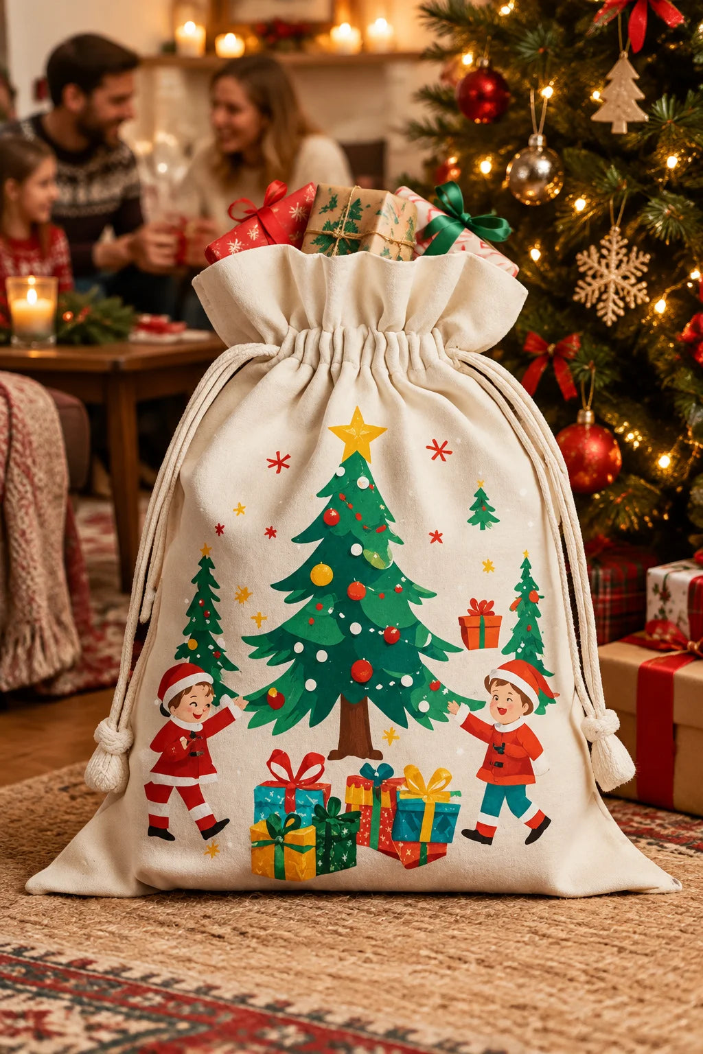 Festive Christmas cotton drawstring gift bags – holiday party favor set
