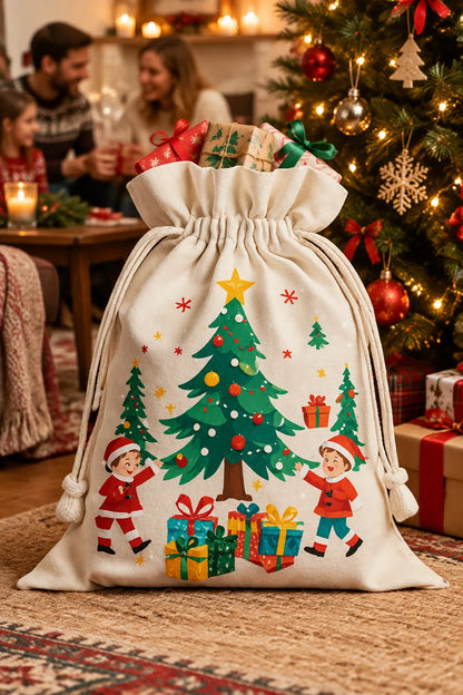 Festive Christmas cotton drawstring gift bags – holiday party favor set