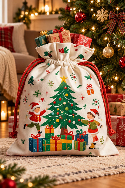 Festive Christmas cotton drawstring gift bags – holiday party favor set