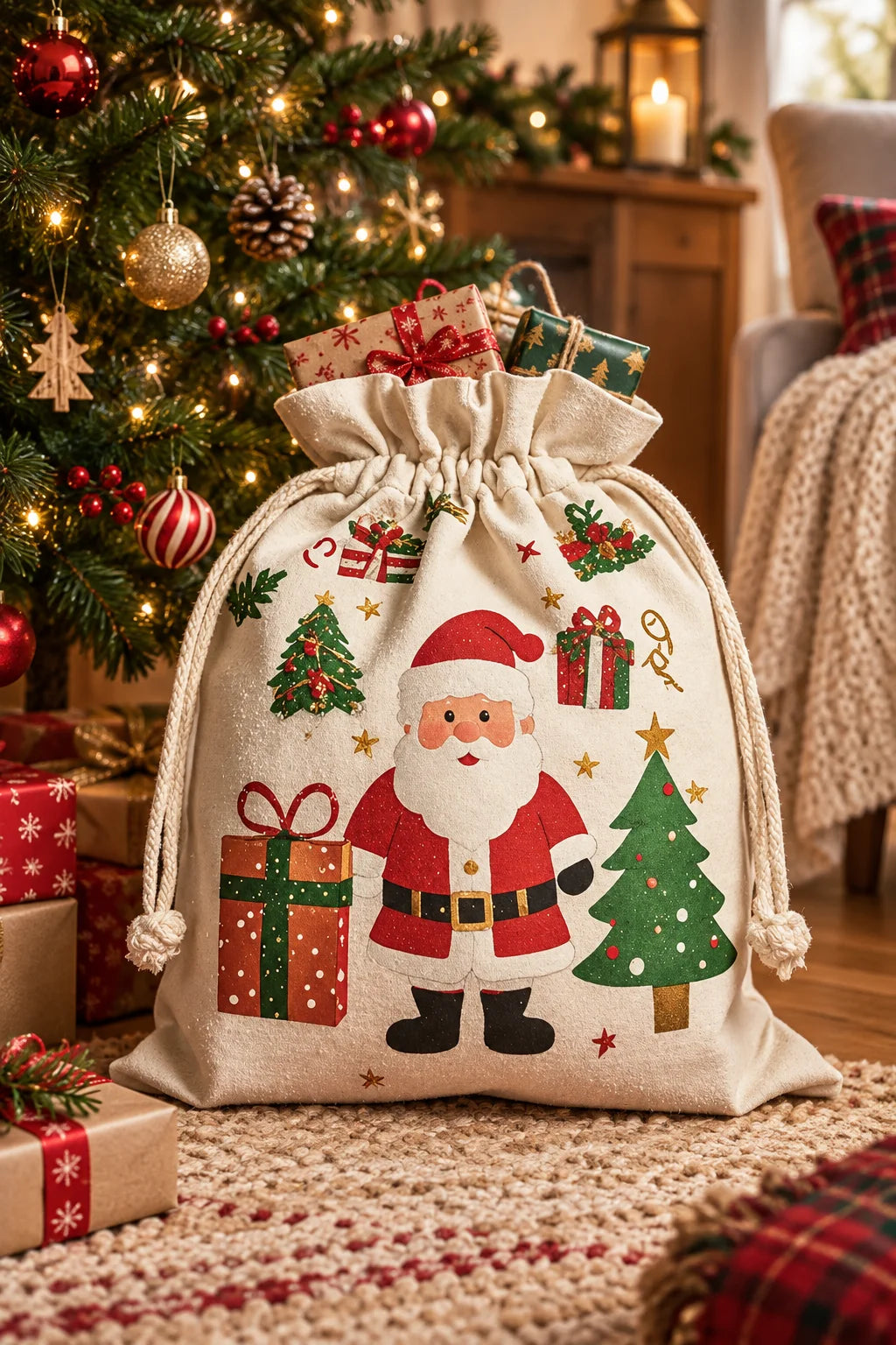 Festive Christmas cotton drawstring gift bags – holiday party favor set