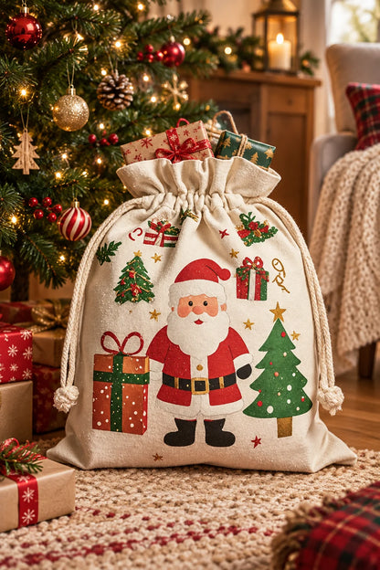 Festive Christmas cotton drawstring gift bags – holiday party favor set
