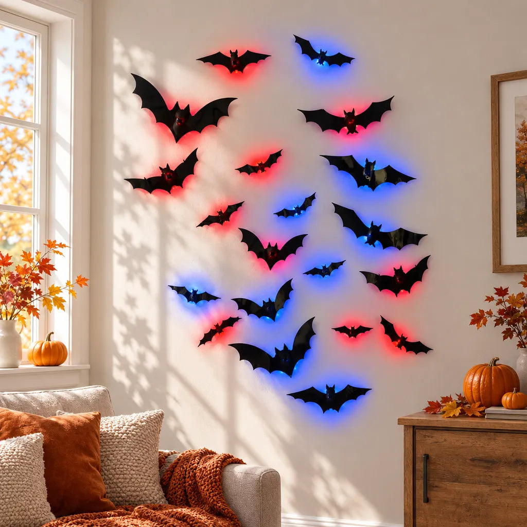 Black bat wall decals with red and blue LED light accents arranged in a flight pattern on a beige wall in a cozy, autumn-themed living room.