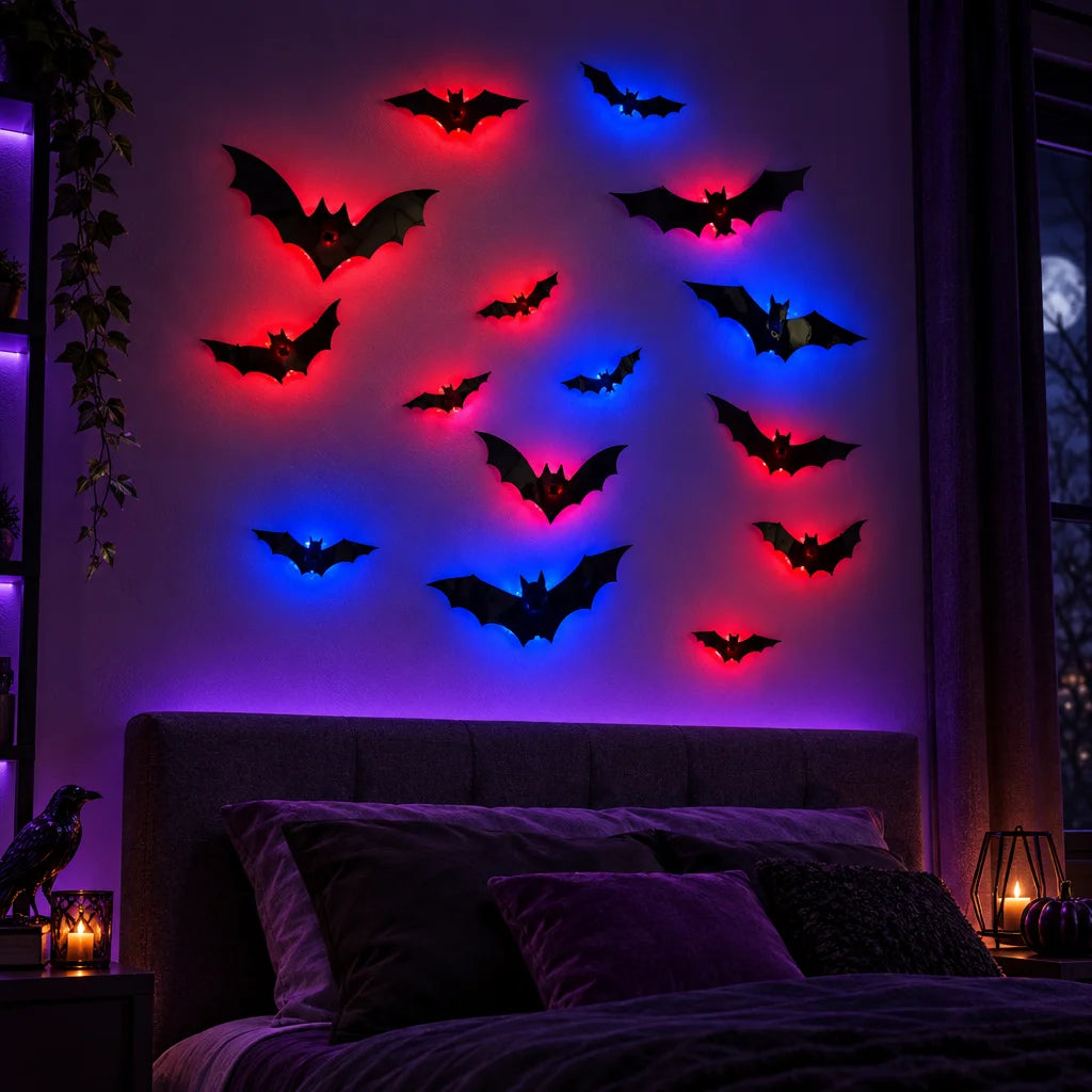 Black bat wall decals with red and blue LED backlighting, displayed on a bedroom wall above a bed.