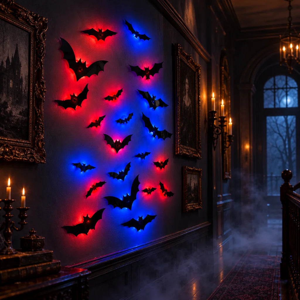 Halloween wall decor featuring multiple black bat cutouts illuminated by red and blue LED lights, mounted on a dark wall in a moody, candle-lit hallway.