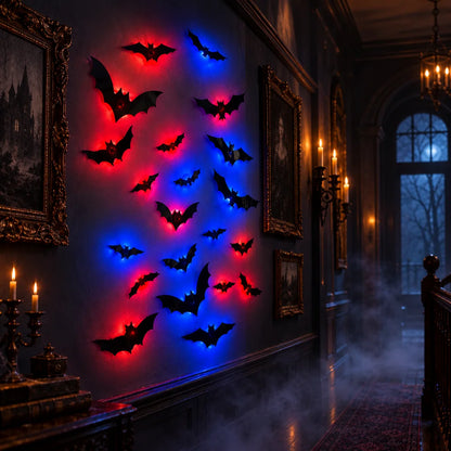 Halloween wall decor featuring multiple black bat cutouts illuminated by red and blue LED lights, mounted on a dark wall in a moody, candle-lit hallway.