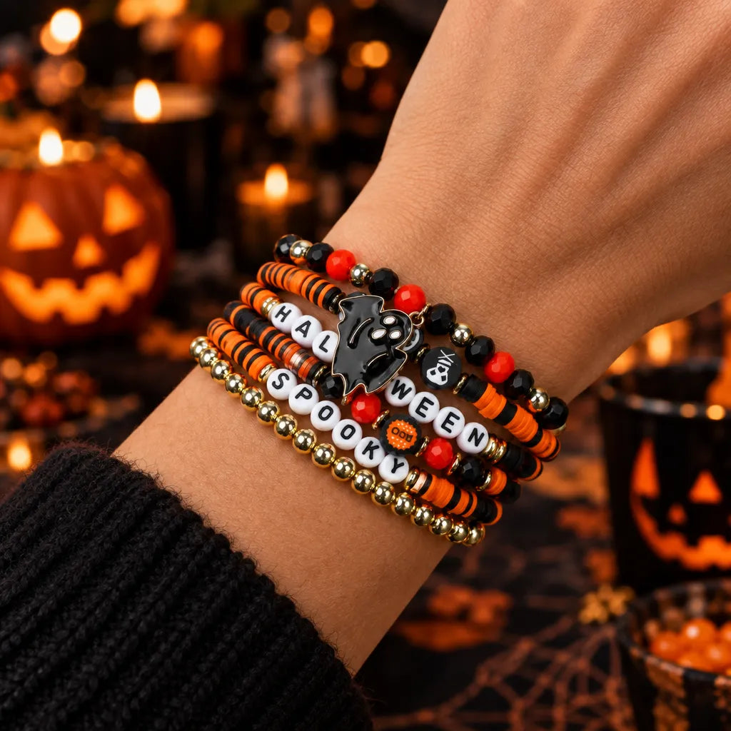 Spooky charm Halloween beaded bracelet – pumpkin, ghost and skull pendant jewelry