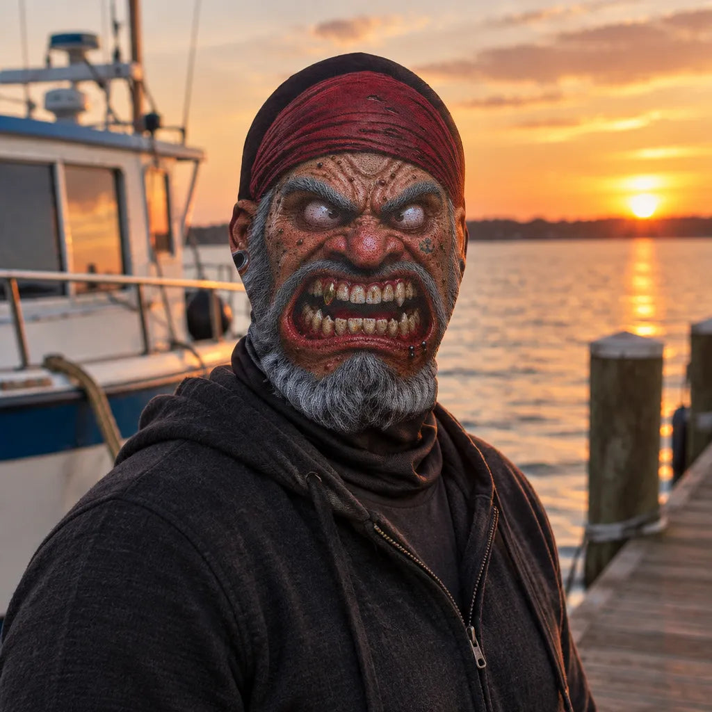 A man wearing a scary, monstrous zombie or horror character mask with a red headband, gray beard, and intense grin, standing on a wooden dock next to a boat at sunset.