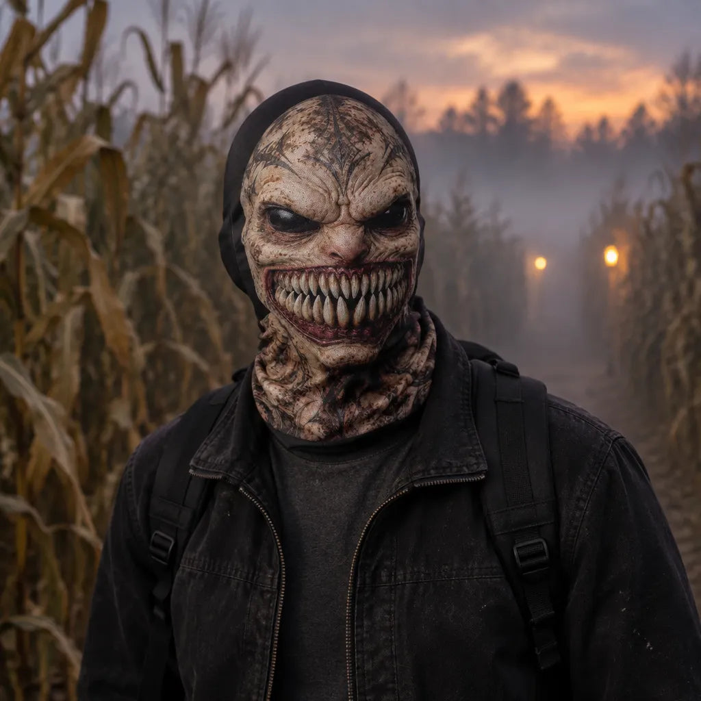 A person wearing a highly detailed, scary monster mask with a wide grin and sharp teeth, a black beanie, and a dark jacket, standing in a misty cornfield at dusk.