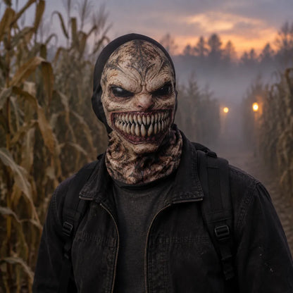 A person wearing a highly detailed, scary monster mask with a wide grin and sharp teeth, a black beanie, and a dark jacket, standing in a misty cornfield at dusk.
