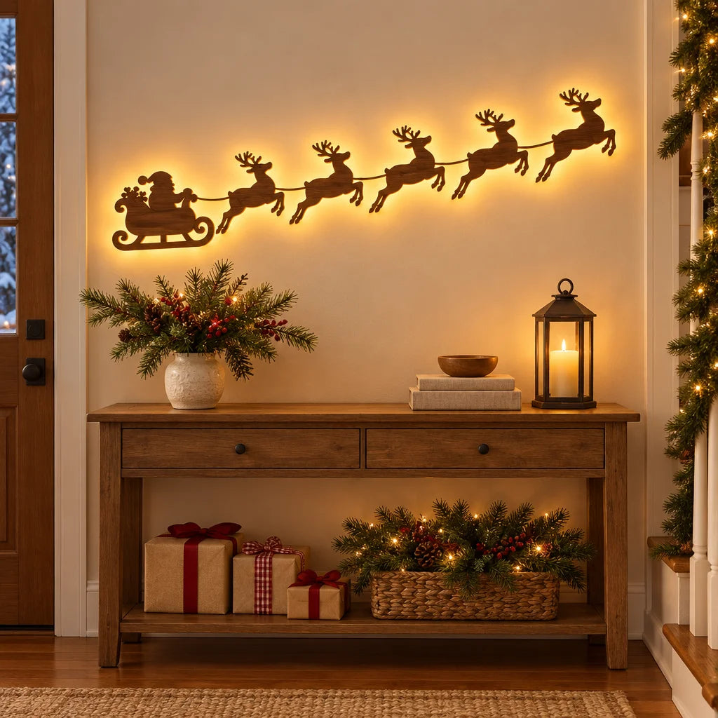 Rustic wooden Santa sleigh and reindeer Christmas ornament – holiday wall and tree decor