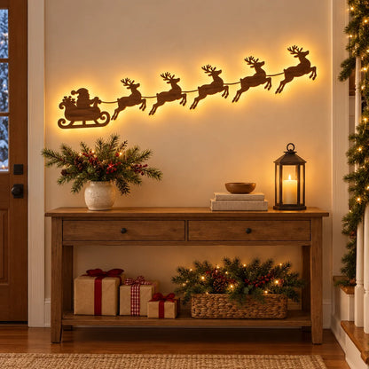 Rustic wooden Santa sleigh and reindeer Christmas ornament – holiday wall and tree decor