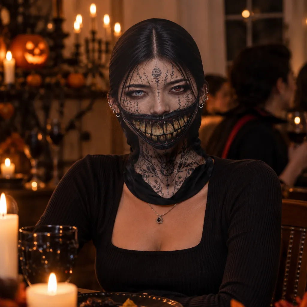 A woman seated at a candlelit table wearing a black lace face mask with a skeletal grin design. The scene includes Halloween decorations, candles, and blurred people in the background.