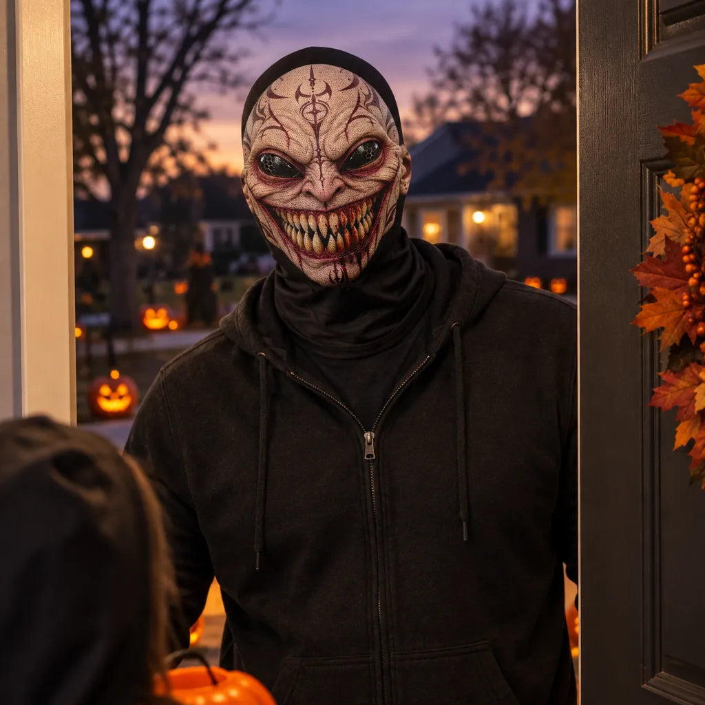 A person wearing a scary, horror-style mask and a black zip-up hoodie stands in a front door at dusk, with pumpkins and a decorated wreath visible in the background.