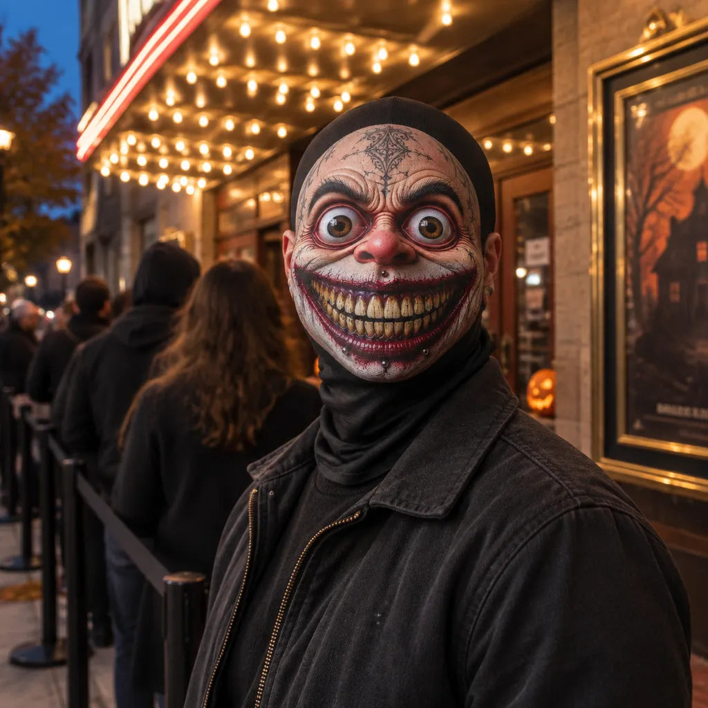 A person wearing a creepy clown mask with exaggerated white makeup, dark red lips, and a black head covering, standing outdoors in front of a lit movie theater or event venue. Other people and black stanchions are visible in the background.