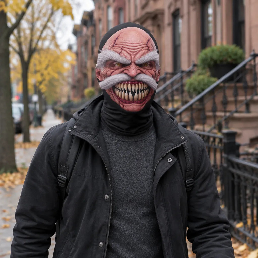 A person wearing a detailed evil clown mask with a large white mustache, sharp teeth, and wrinkled forehead, dressed in a black jacket over a dark gray turtleneck, standing on a city street with brownstone buildings in the background.